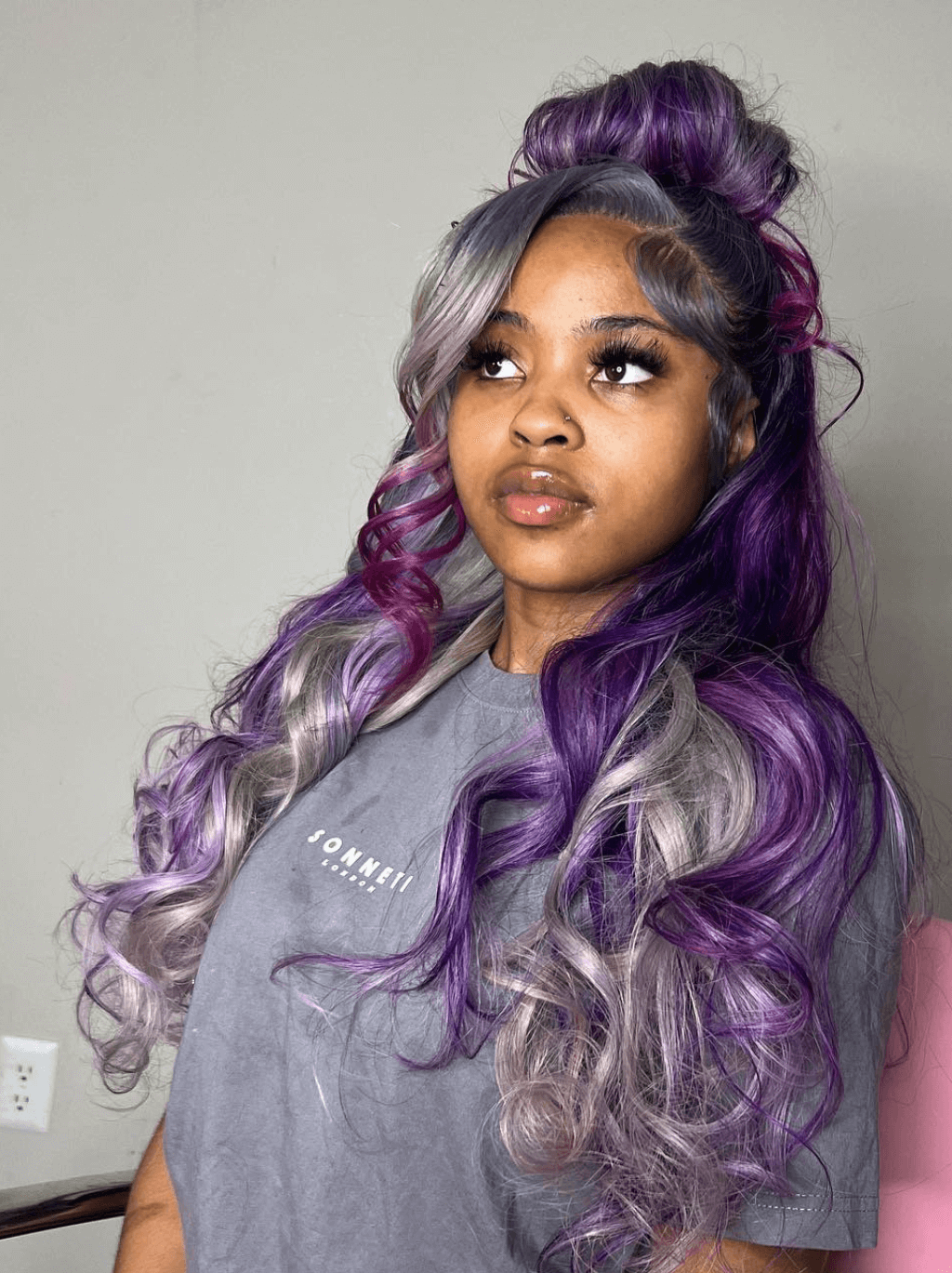 Dorsanee Gray Purple Highlight Streaks Body Wave 13x4 Lace Front Human Hair Wig