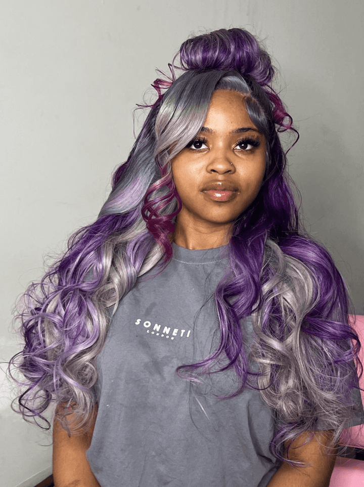 Dorsanee Gray Purple Highlight Streaks Body Wave 13x4 Lace Front Human Hair Wig