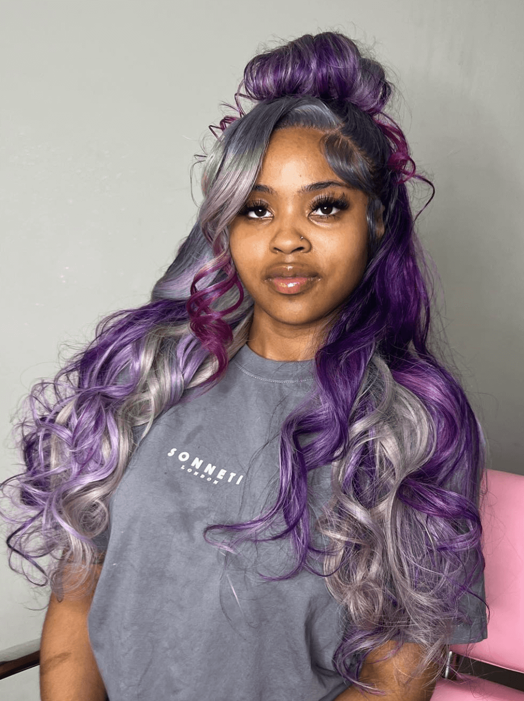 Dorsanee Gray Purple Highlight Streaks Body Wave 13x4 Lace Front Human Hair Wig