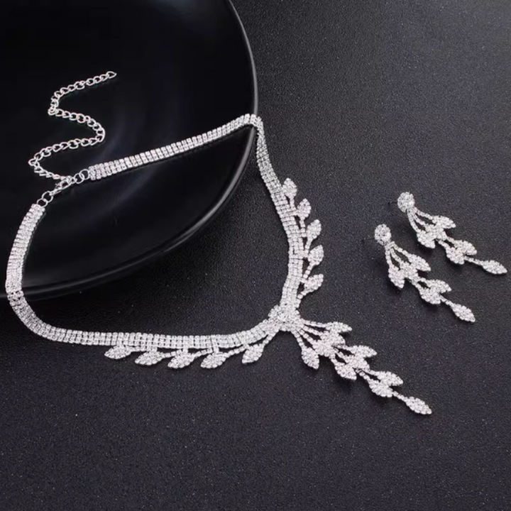 Dorsanee Hair Leaf Tassel Rhinestone Necklace and Earrings Jewelry Set