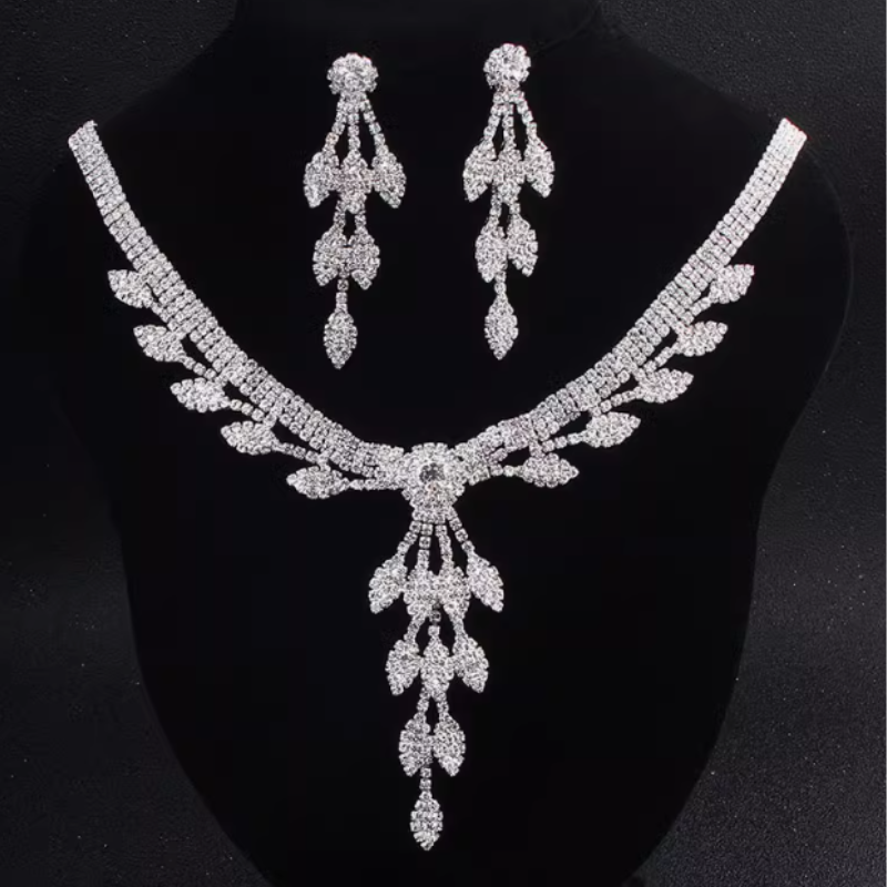 Dorsanee Hair Leaf Tassel Rhinestone Necklace and Earrings Jewelry Set