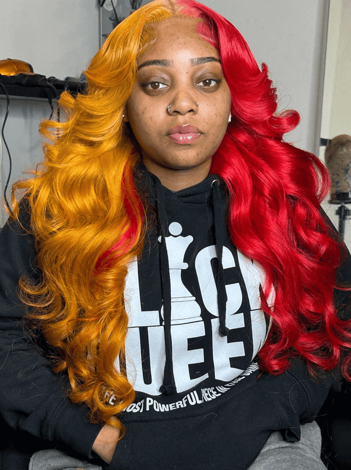 Dorsanee Half Yellow Half Red Body Wave 13x4 Lace Front Virgin Human Hair Wigs