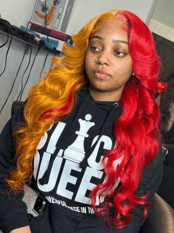 Dorsanee Half Yellow Half Red Body Wave 13x4 Lace Front Virgin Human Hair Wigs