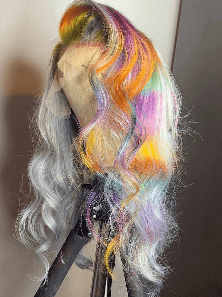 Dorsanee Multi Color Gray Green Orange Purple Blue Vigin Remy Human Hair Wigs