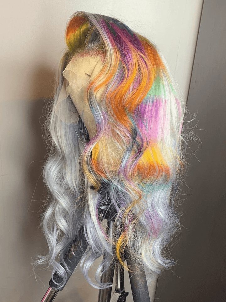 Dorsanee Multi Color Gray Green Orange Purple Blue Vigin Remy Human Hair Wigs