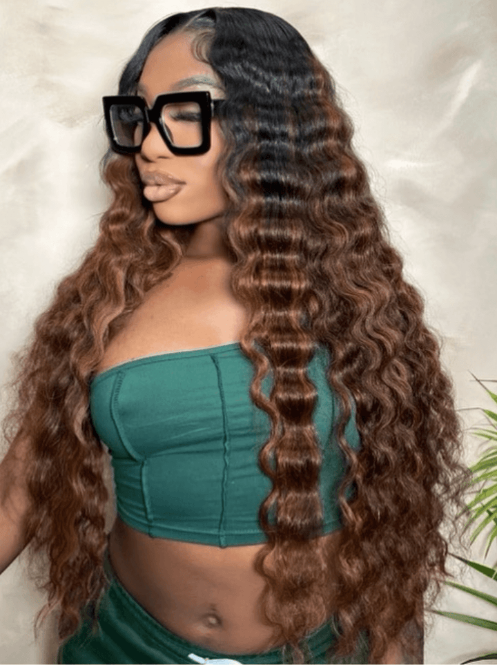 Dorsanee Ombre Black Brown Deep Wave Curly 13x4 HD Lace Front Human Hair Wigs