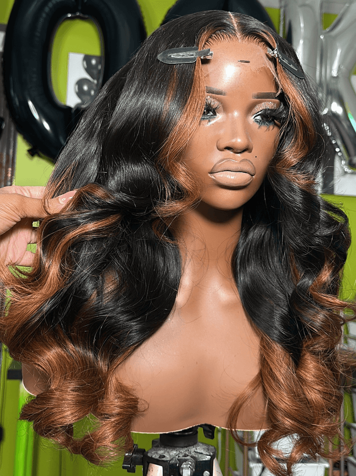 Dorsanee Ombre Black Brown Skunk Stripe Color 13x4 HD Lace Front Human Hair Wig