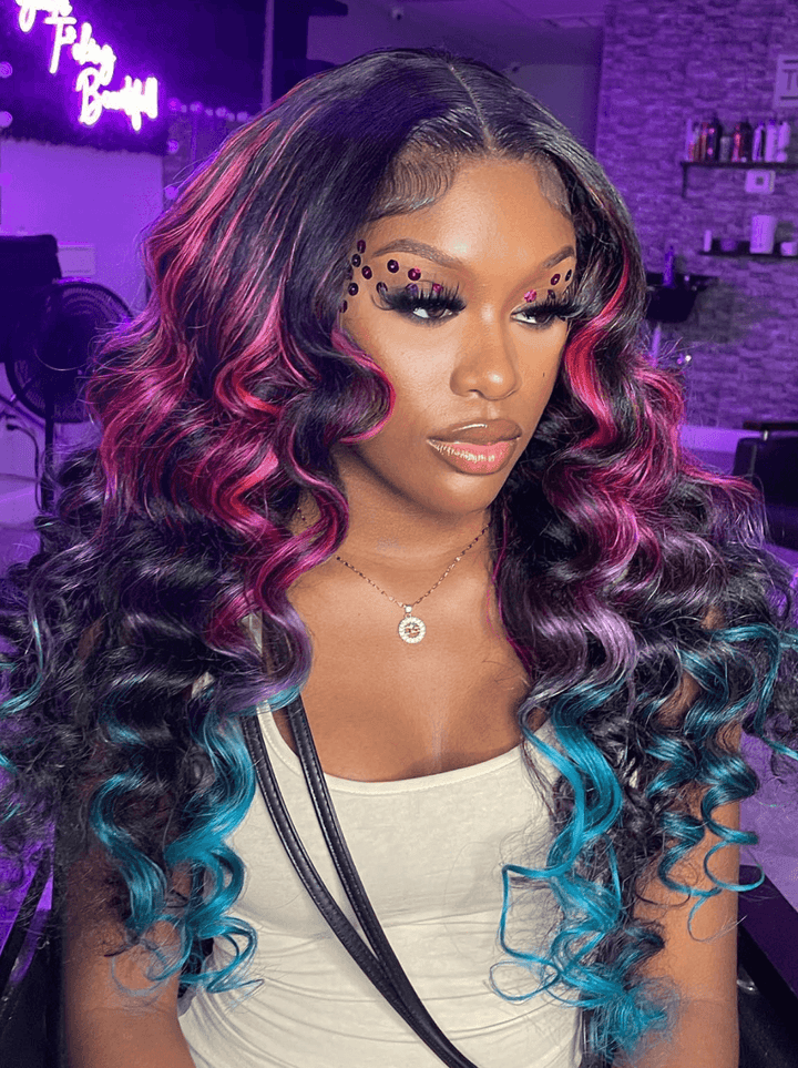 Dorsanee Ombre Black With Red Blue Highlight Body Wave 13x4 Lace Front Hair Wig