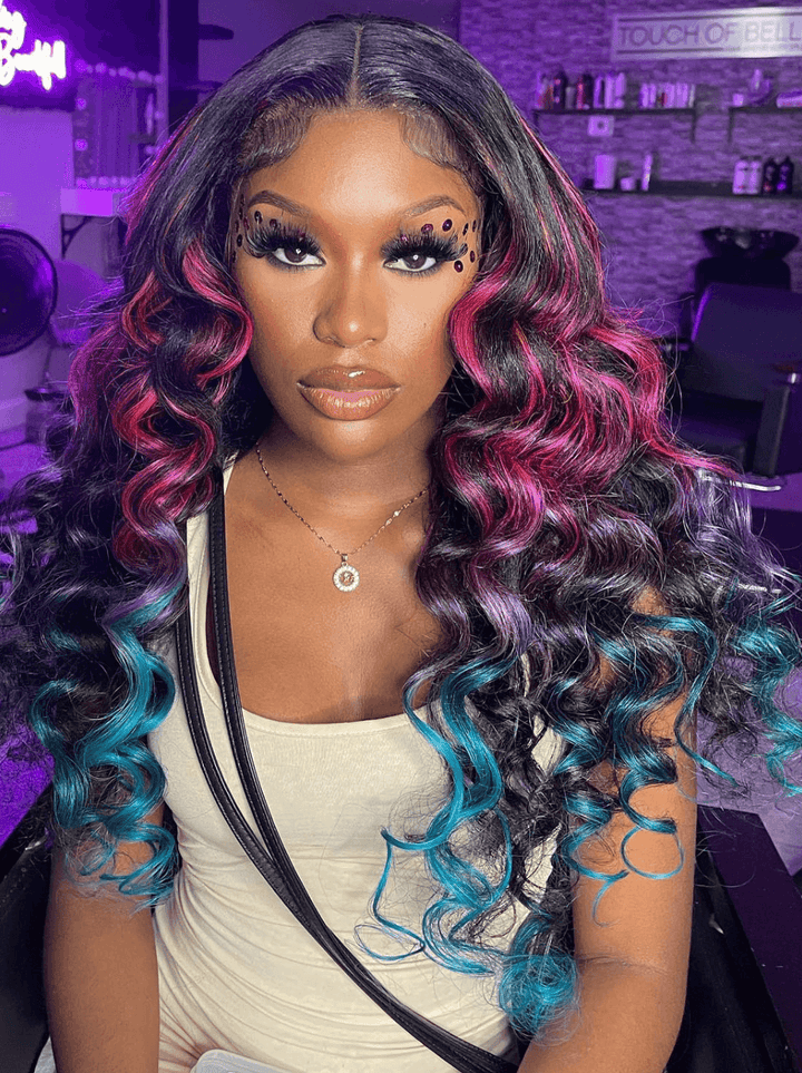 Dorsanee Ombre Black With Red Blue Highlight Body Wave 13x4 Lace Front Hair Wig