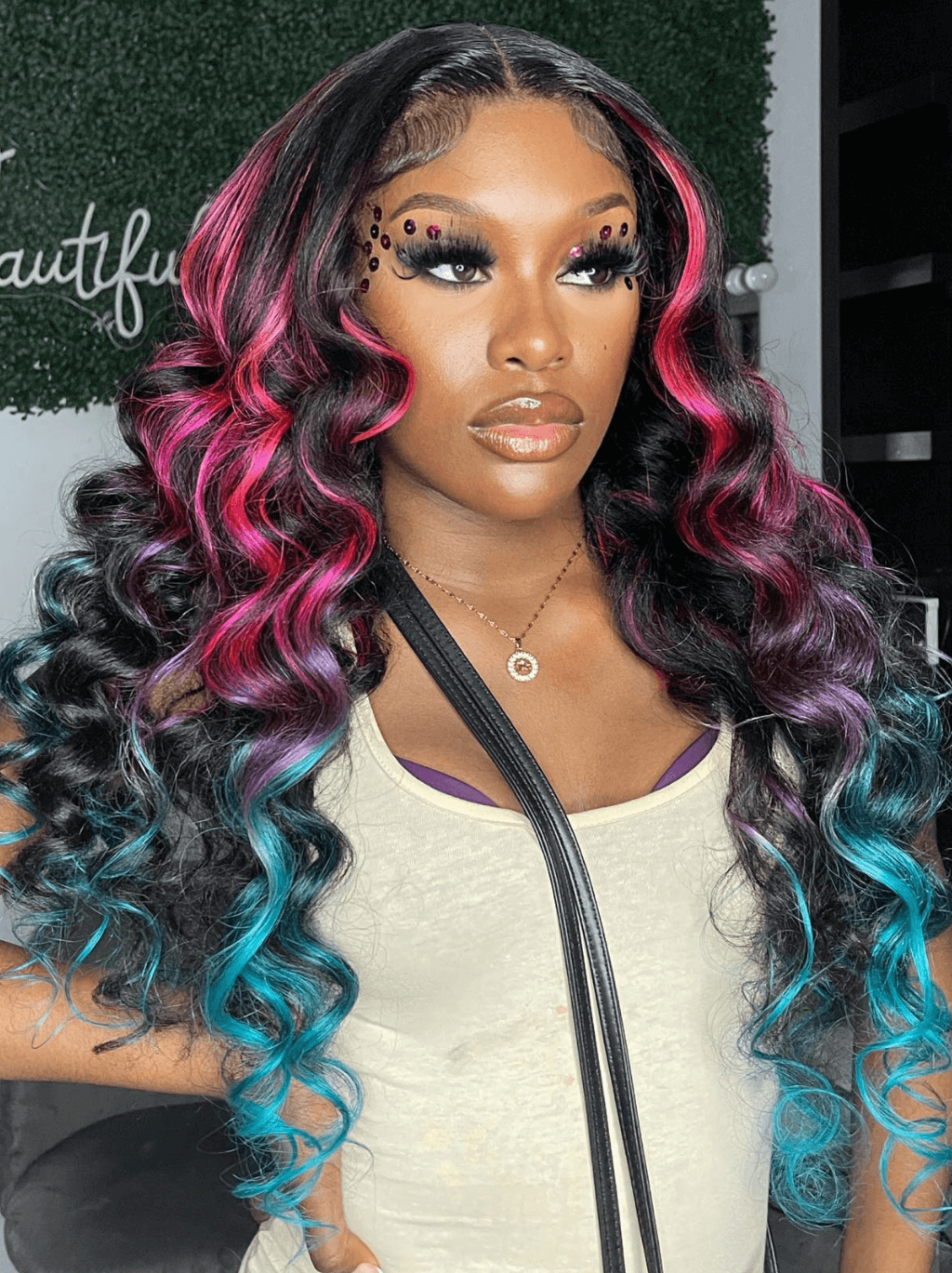 Dorsanee Ombre Black With Red Blue Highlight Body Wave 13x4 Lace Front Hair Wig