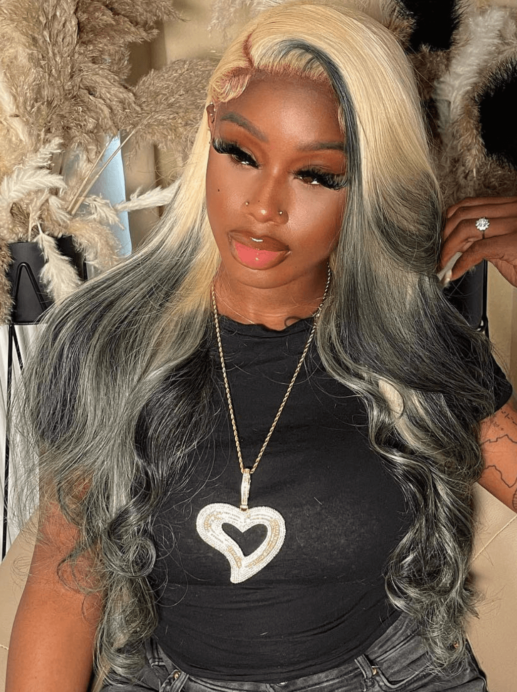 Dorsanee Ombre Blonde Ash Black Gray Skunk Stripe Highlight Lace Front Hair Wig