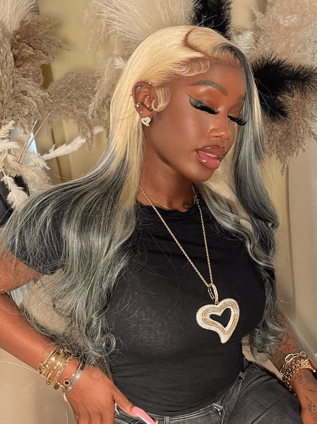 Dorsanee Ombre Blonde Ash Black Gray Skunk Stripe Highlight Lace Front Hair Wig