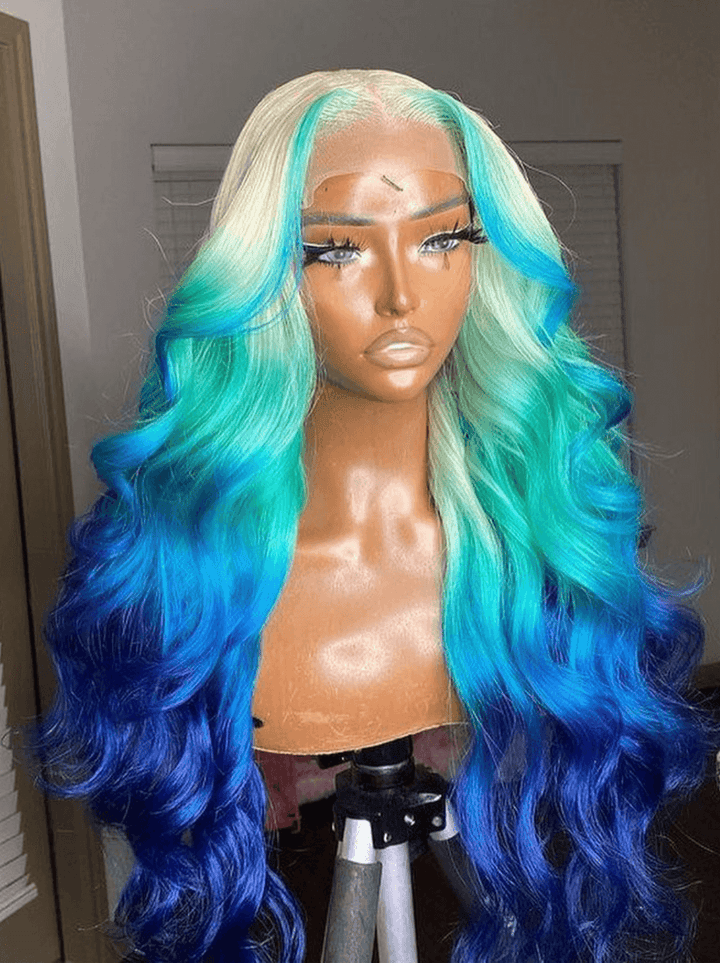 Dorsanee Ombre Blonde Green Blue Skunk Stripe 13x4 Lace Front Human Hair Wigs