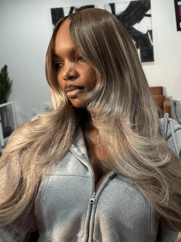 Dorsanee Ombre Brown Grey Blonde Highlights 13x4 HD Lace Front Human Hair Wigs