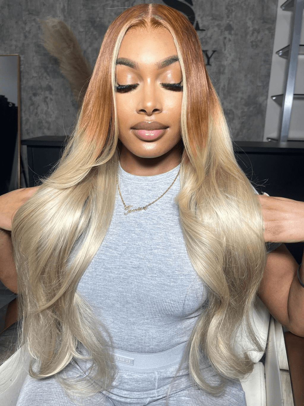 Dorsanee Ombre Brown Platinum Blonde Skunk Stripe Straight Body Wave Hair Wigs