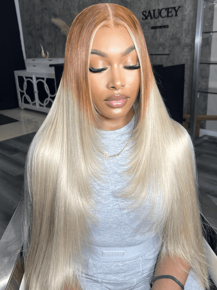 Dorsanee Ombre Brown Platinum Blonde Skunk Stripe Straight Body Wave Hair Wigs