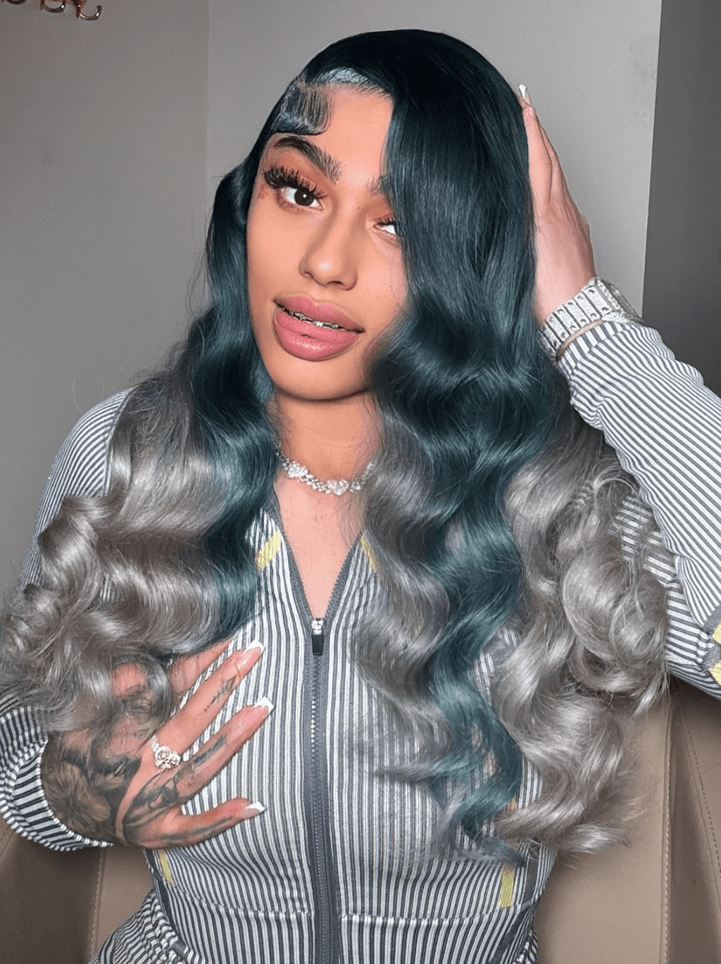 Dorsanee Ombre Dark Olive Green Gray Body Wave 13x4 Lace Front Human Hair Wigs