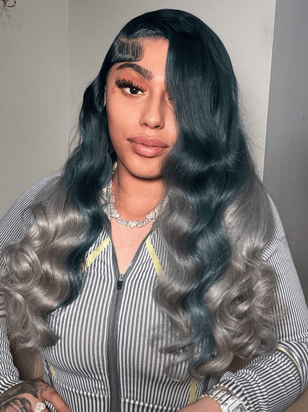 Dorsanee Ombre Dark Olive Green Gray Body Wave 13x4 Lace Front Human Hair Wigs