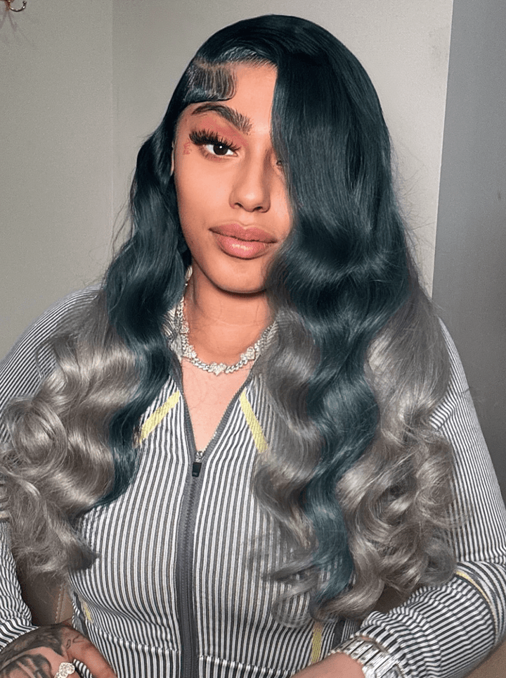 Dorsanee Ombre Dark Olive Green Gray Body Wave 13x4 Lace Front Human Hair Wigs