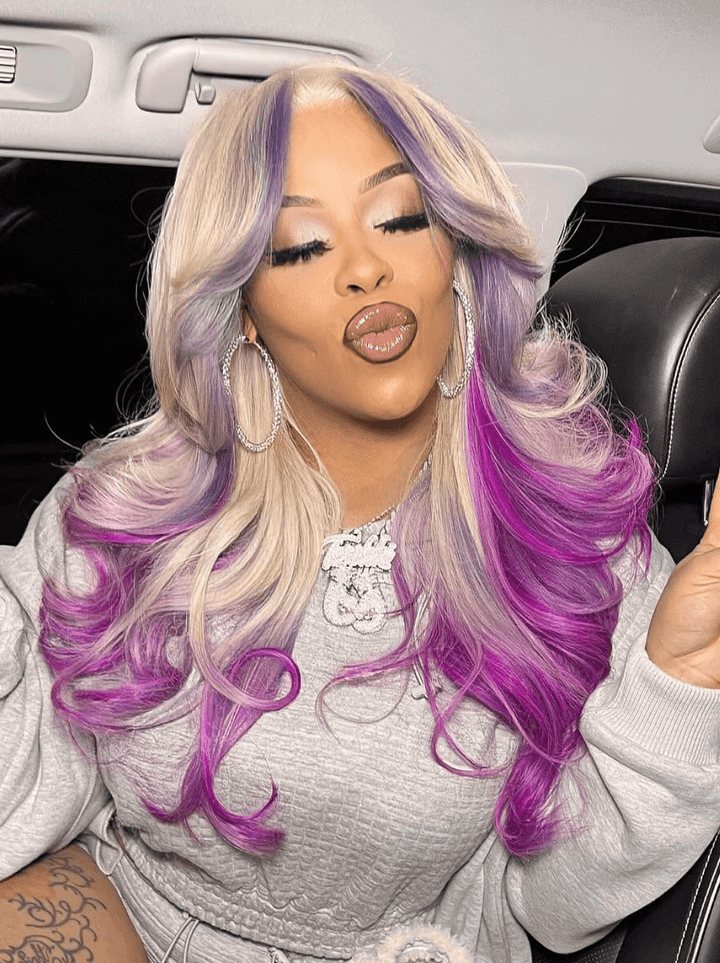 Dorsanee Ombre Gray Blonde Purple Skunk Stripe 13x4 Lace Front Human Hair Wigs