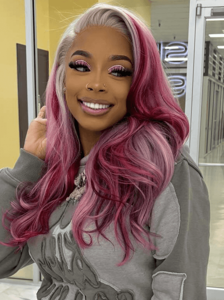 Dorsanee Ombre Gray Purple Red Highlight Transparent Lace Front Human Hair Wig