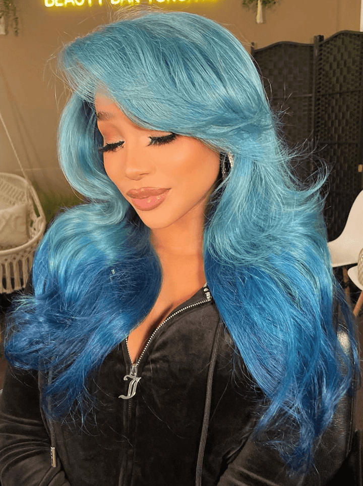 Dorsanee Ombre Light Dark Blue Straight Body Wave HD Lace Front Human Hair Wig