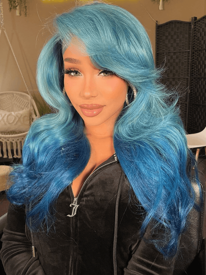 Dorsanee Ombre Light Dark Blue Straight Body Wave HD Lace Front Human Hair Wig