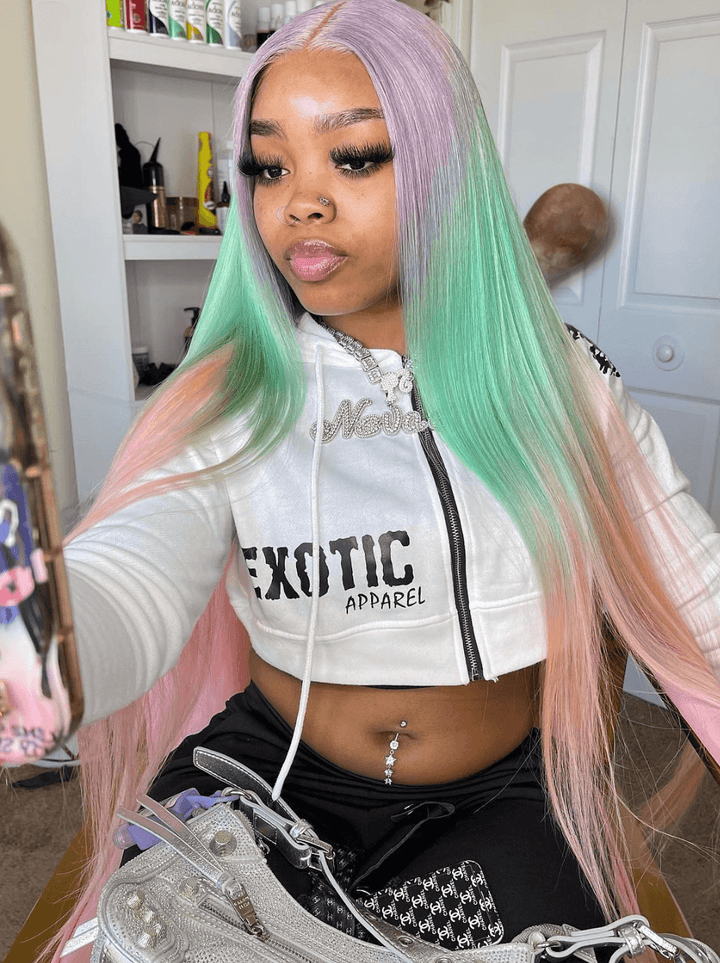 Dorsanee Ombre Light Purple Green Pink Bone Straight Lace Front Human Hair Wigs