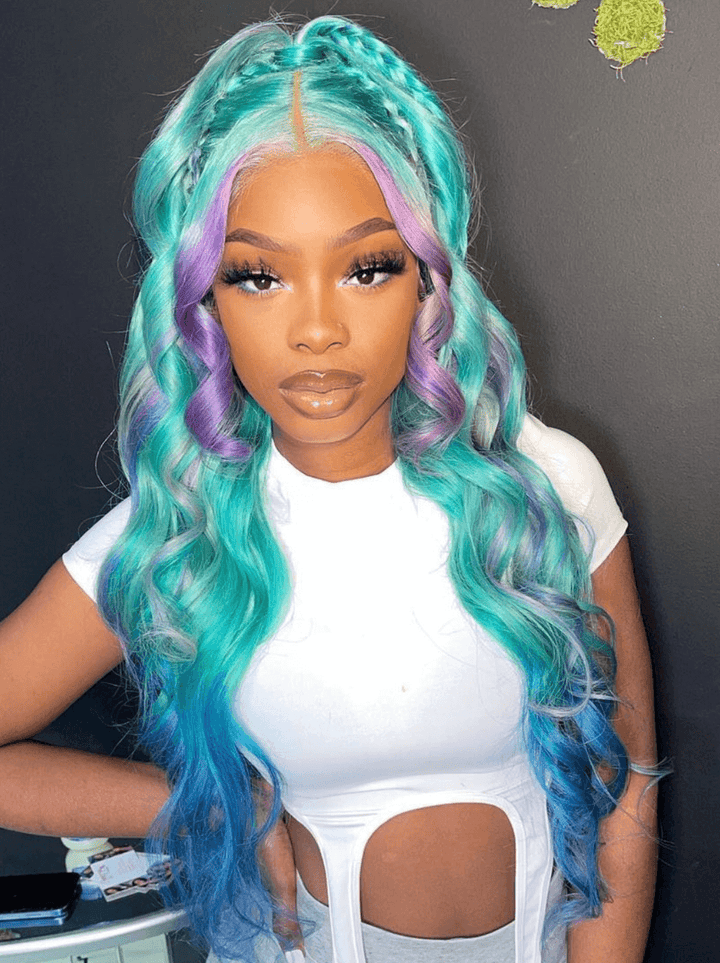 Dorsanee Ombre Pastel Green Blue Purple Skunk Stripe Lace Front Human Hair Wigs