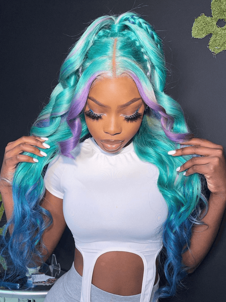 Dorsanee Ombre Pastel Green Blue Purple Skunk Stripe Lace Front Human Hair Wigs