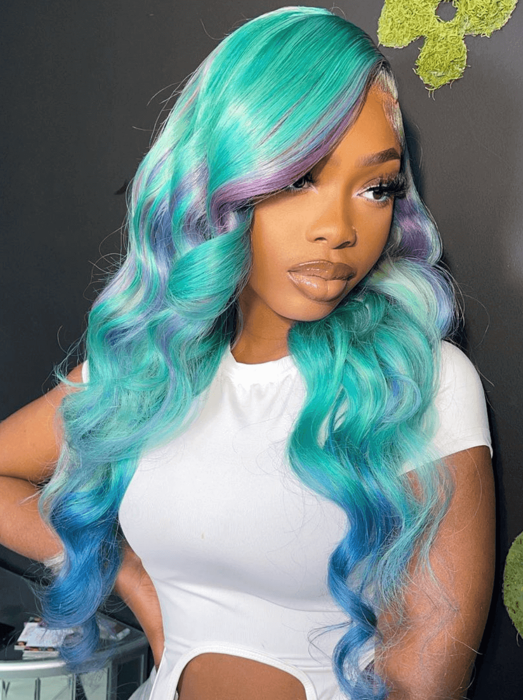 Dorsanee Ombre Pastel Green Blue Purple Skunk Stripe Lace Front Human Hair Wigs