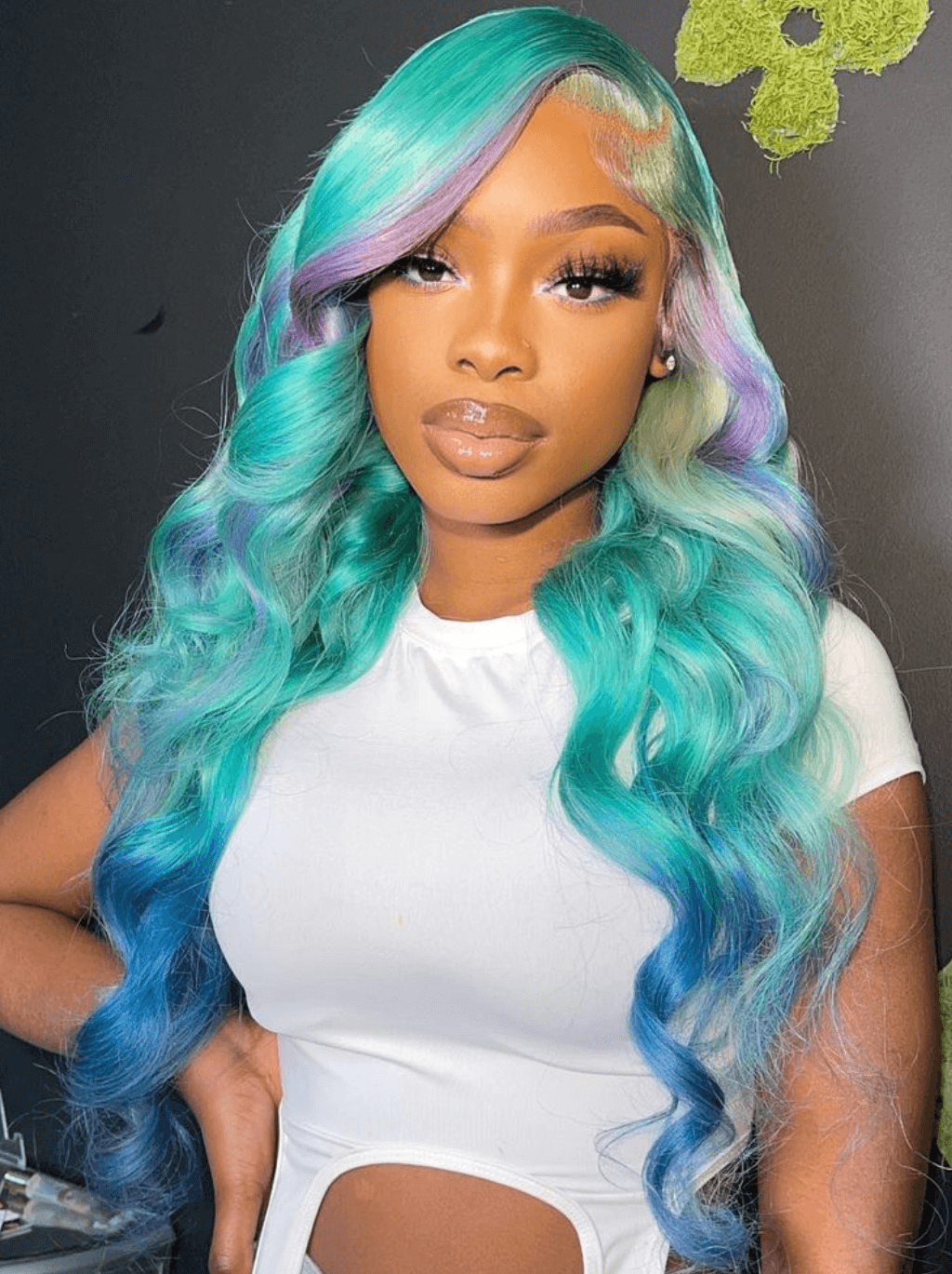 Dorsanee Ombre Pastel Green Blue Purple Skunk Stripe Lace Front Human Hair Wigs