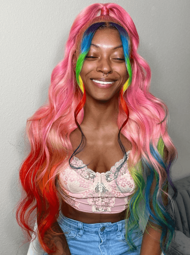 Dorsanee Ombre Pink Ginger Orange Blue Green Red Skunk Stripe Human Hair Wigs