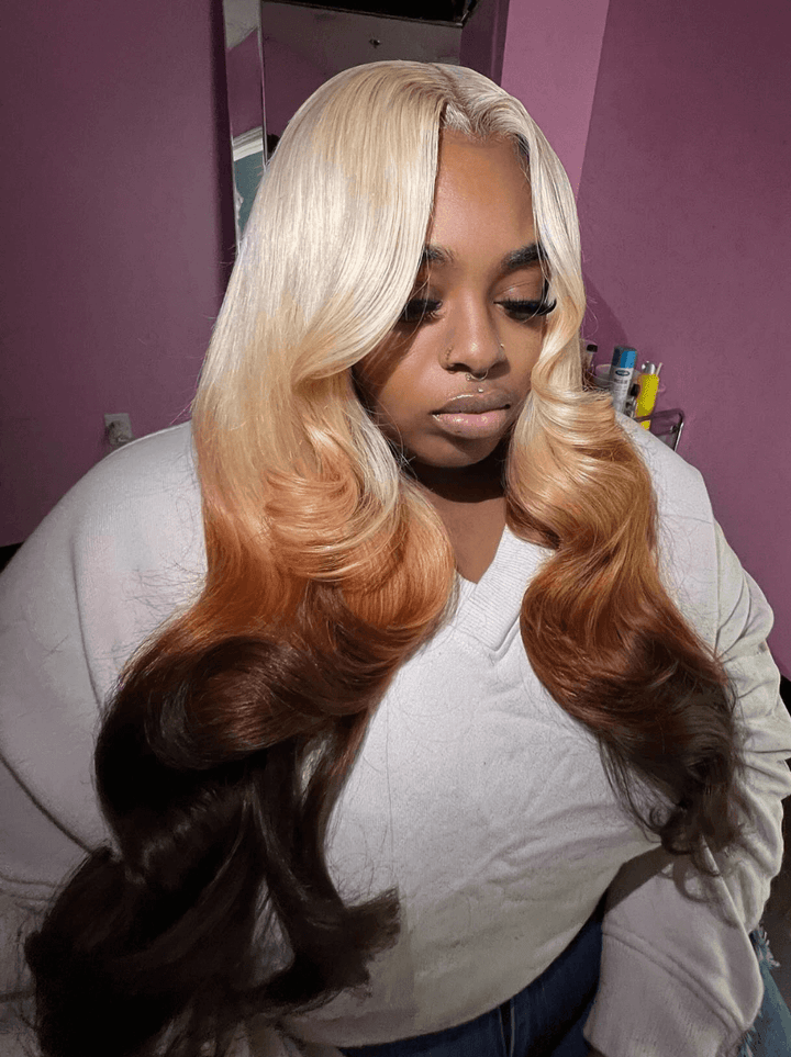 Dorsanee Ombre Platinum Blonde Ginger Chocolate Brown Lace Front Human Hair Wig