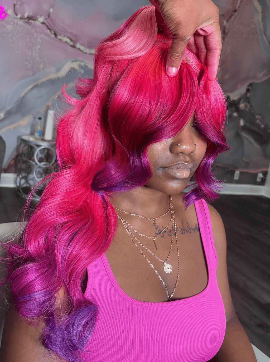 Dorsanee Ombre Red Pink Purple Skunk Stripe HD Lace Front Virgin Human Hair Wig