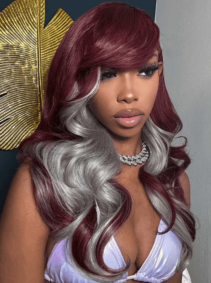 Dorsanee Peekaboo Red Gray Two Tones 13x4 Lace Front Body Wave Human Hair Wigs