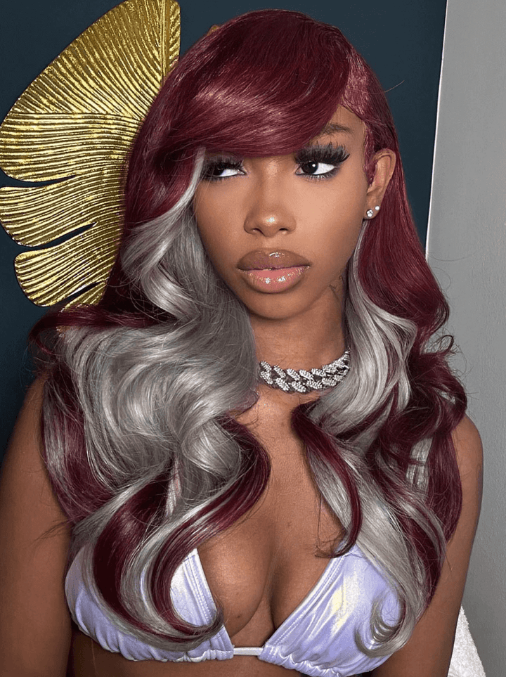 Dorsanee Peekaboo Red Gray Two Tones 13x4 Lace Front Body Wave Human Hair Wigs