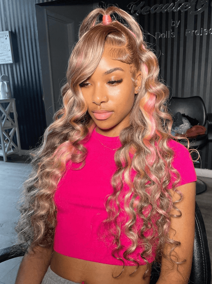 Dorsanee Platinum Honey Blonde Brown Pink Highlight Lace Front Human Hair Wigs