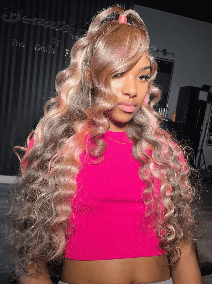 Dorsanee Platinum Honey Blonde Brown Pink Highlight Lace Front Human Hair Wigs