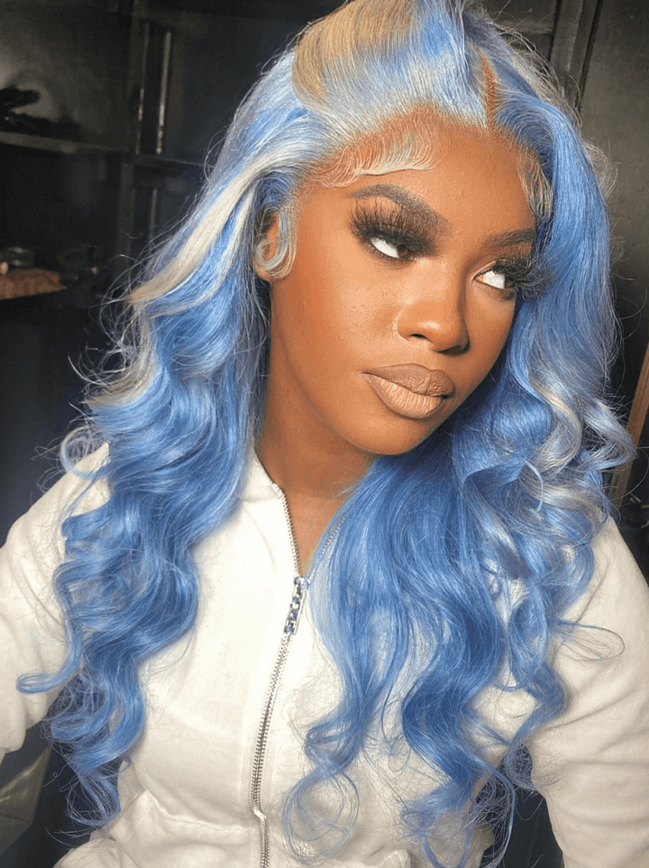 Dorsanee Sky Blue With Grey Streaks 13x4 HD Lace Front Human Hair Wigs