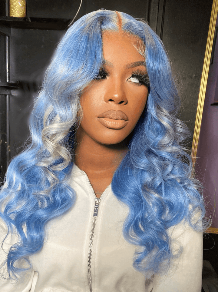 Dorsanee Sky Blue With Grey Streaks 13x4 HD Lace Front Human Hair Wigs