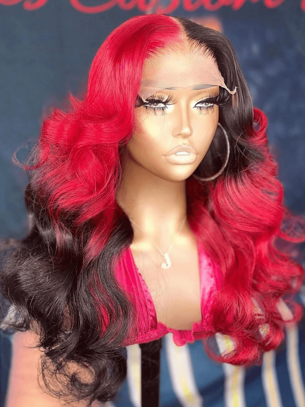 Dorsanee Split Dye Black Red Straight Body Wave 13X4 Lace Front Human Hair Wigs