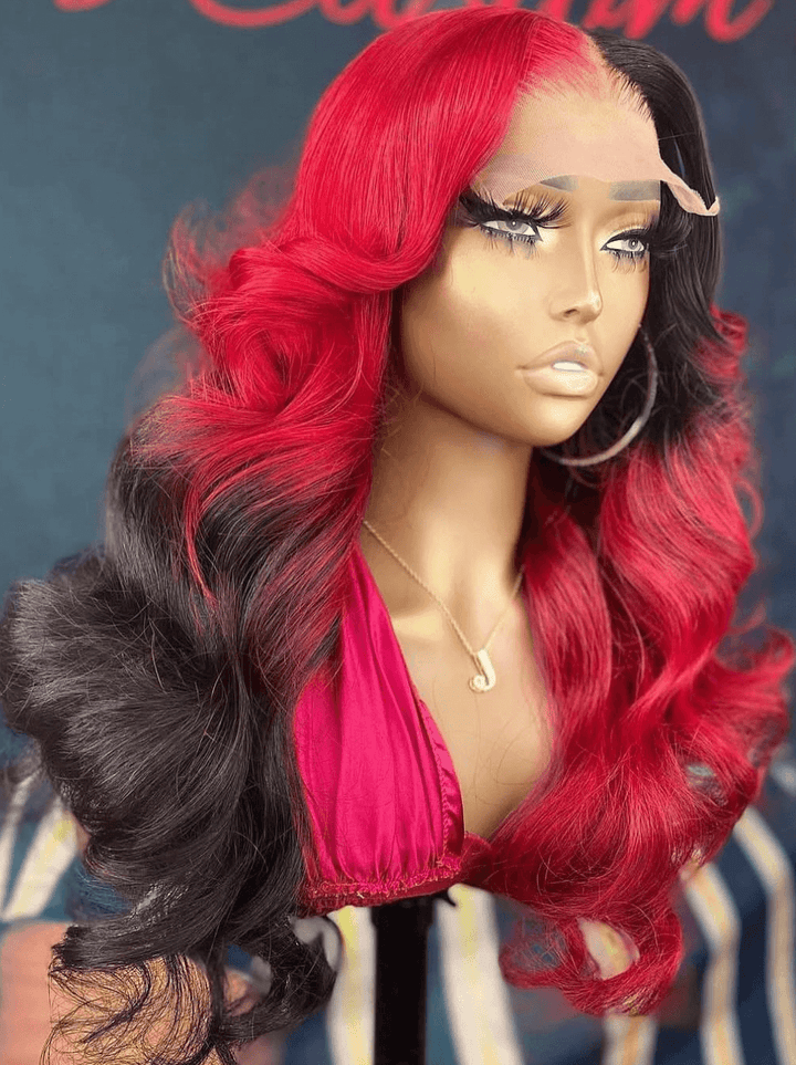 Dorsanee Split Dye Black Red Straight Body Wave 13X4 Lace Front Human Hair Wigs