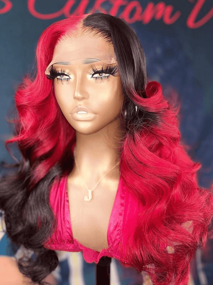 Dorsanee Split Dye Black Red Straight Body Wave 13X4 Lace Front Human Hair Wigs