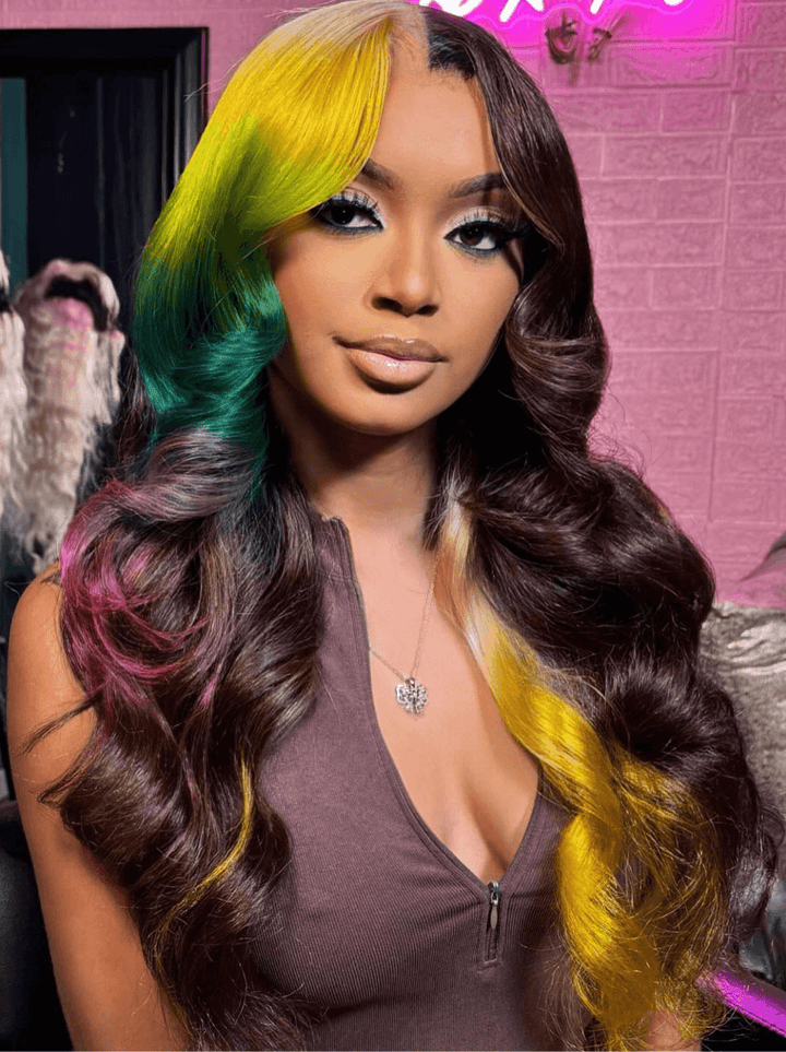 Dorsanee Split Dye Ombre Yellow Dark Blue Red Brown 13x4 HD Lace Front Human Hair Wig