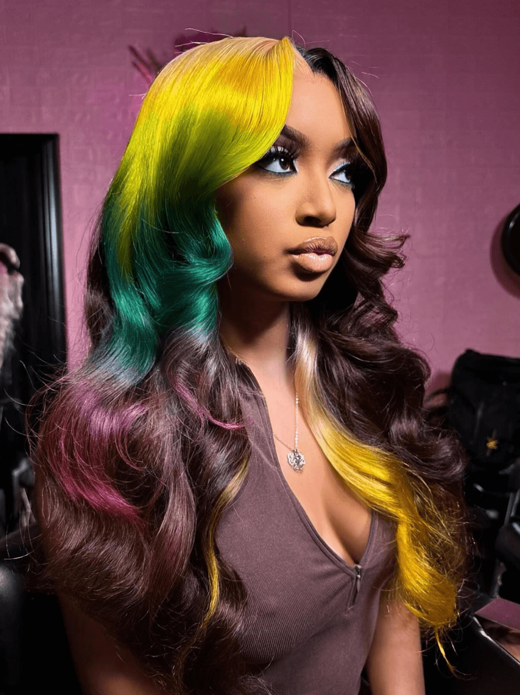 Dorsanee Split Dye Ombre Yellow Dark Blue Red Brown 13x4 HD Lace Front Human Hair Wig