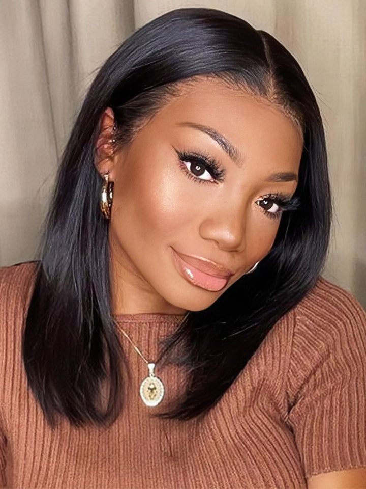 Dorsanee #1B Straight Short Bob Wig 4x4 Lace Closure Human Hair Wigs 180% Density