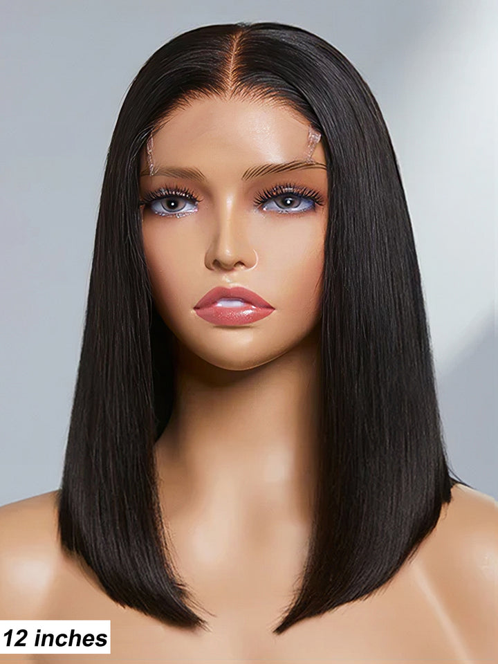Dorsanee #1B Straight Short Bob Wig 4x4 Lace Closure Human Hair Wigs Full Ends Natural Color 12 Inches