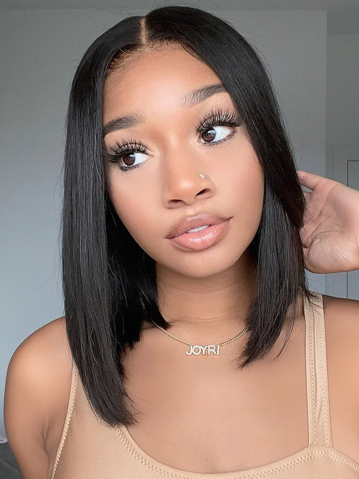 Dorsanee #1B Straight Short Bob Wig 4x4 Lace Closure Human Hair Wigs Per Plucked