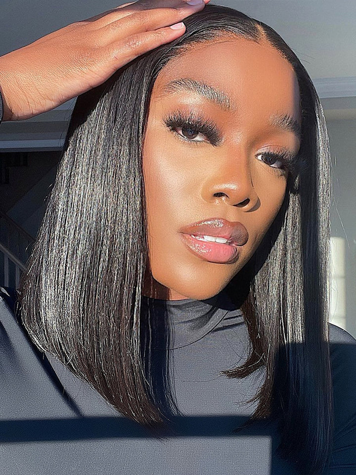 Dorsanee #1B Straight Short Bob Wig 4x4 Lace Closure Human Hair Wigs Per Plucked Baby Hair